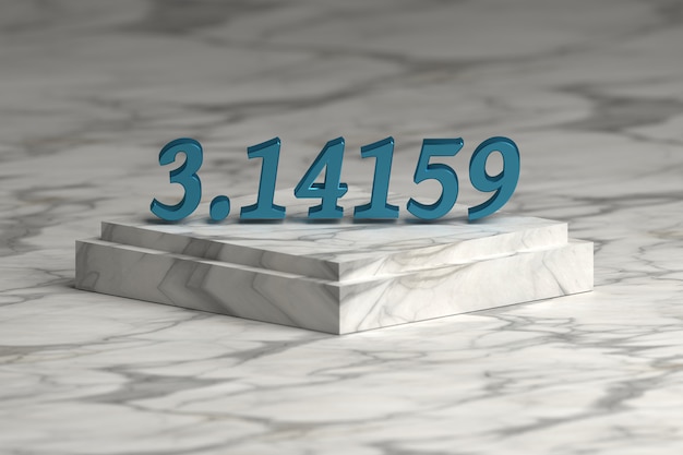 Photo blue shiny metallic pi number digits over marble pedestal podium . mathematics concept.