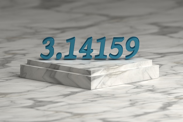 Фото Синие блестящие металлические цифры pi над мраморным пьедесталом пьедестала. математическая концепция