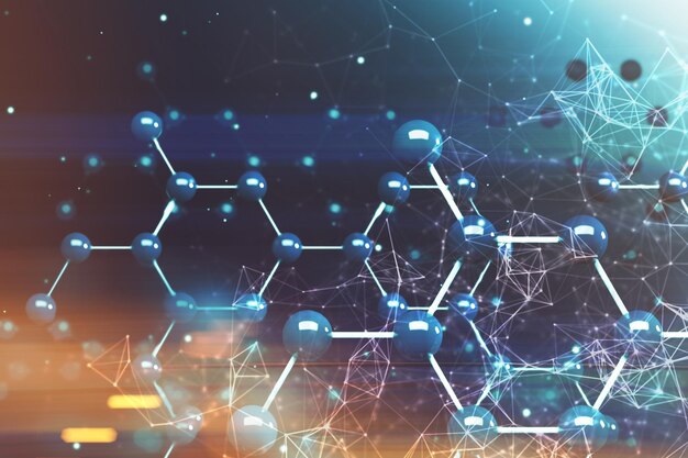 Blue shiny molecule model of carbon or other chemical element with hexagonal atomic grid. Dark blue background. 3d rendering toned image