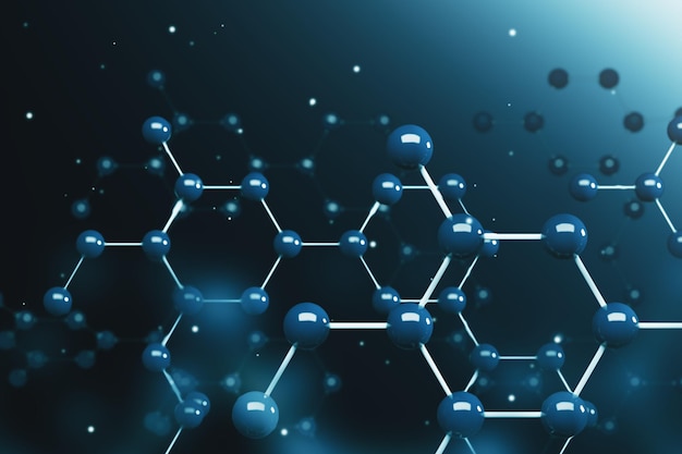 炭素または他の化学元素の青い輝く分子モデル六角形の原子格子濃い青い背景 3D レンダリング