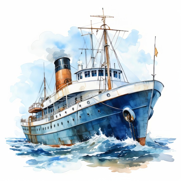 Blue ship watercolor