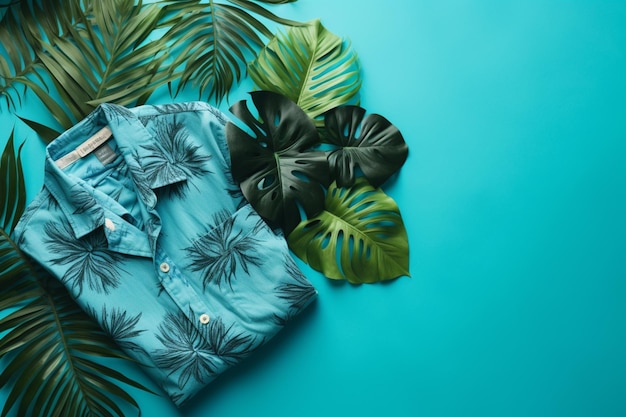 A blue shirt and a green leaf on a blue background