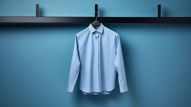 Blue shirt hanging on hanger on blue wall 3D rendering