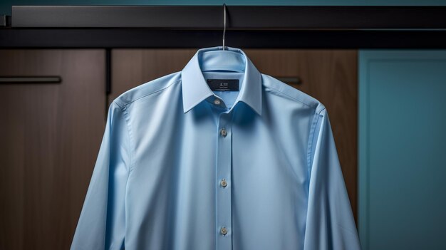 Blue shirt hanging on hanger on blue wall 3d rendering