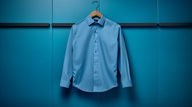 Blue shirt hanging on hanger on blue wall 3D rendering