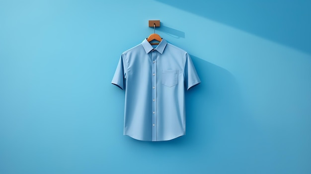 Blue shirt hanging on hanger on blue wall 3D rendering