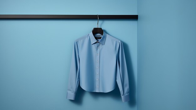 Blue shirt hanging on hanger on blue wall 3D rendering