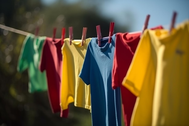 A blue shirt is hanging on a line with other clothes hanging on it.