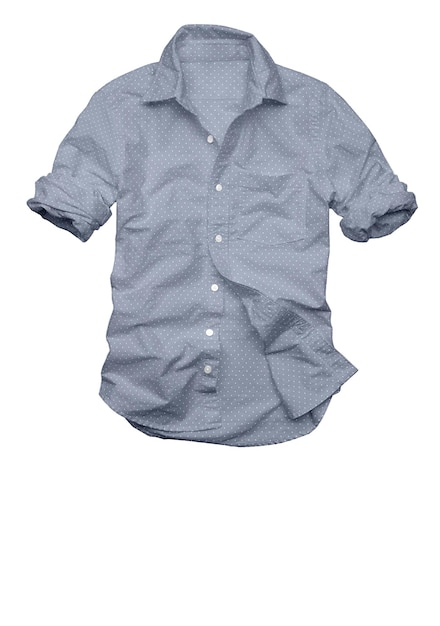 A blue shirt with a pattern on it is against a white background.