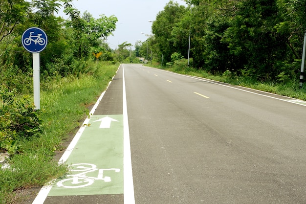 国道の自転車レーンと緑の信号線の青い看板