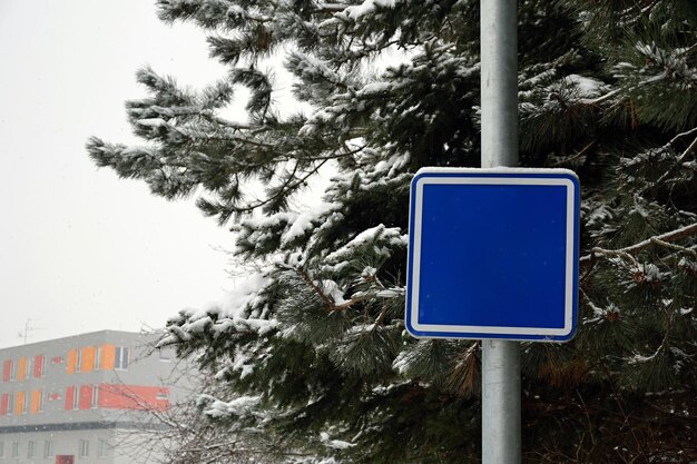 A blue sign on a pole with snow on it