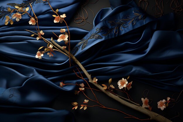 a blue silk cloth with flowers on it