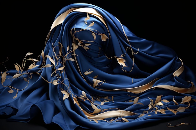 a blue silk scarf with gold leaves and flowers