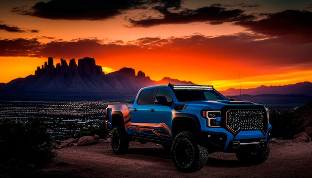 A blue and silver 2020 ford bronco is parked on a dirt road at sunset