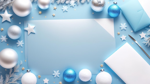 Blue and silver christmas background with a christmas tree and a white card