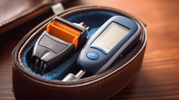 A blue and silver gadget in a brown leather case.