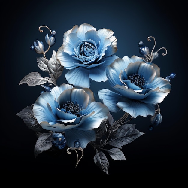 Blue and silver magical glow flowers AI image