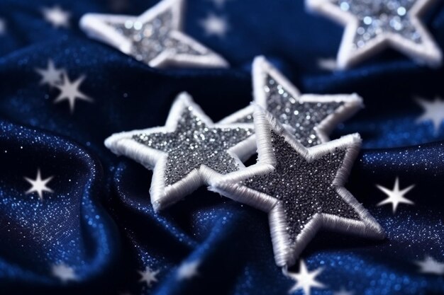 A blue and silver star is on a blue cloth.