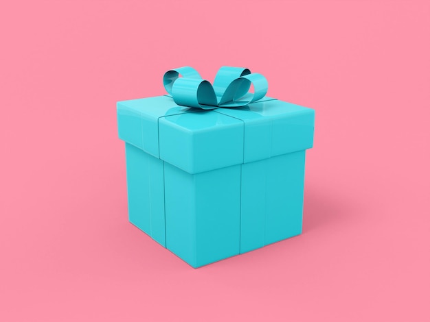 Photo blue single color gift box with ribbon and bow on a pink monochrome background. minimalistic design object. 3d rendering icon ui ux interface element.