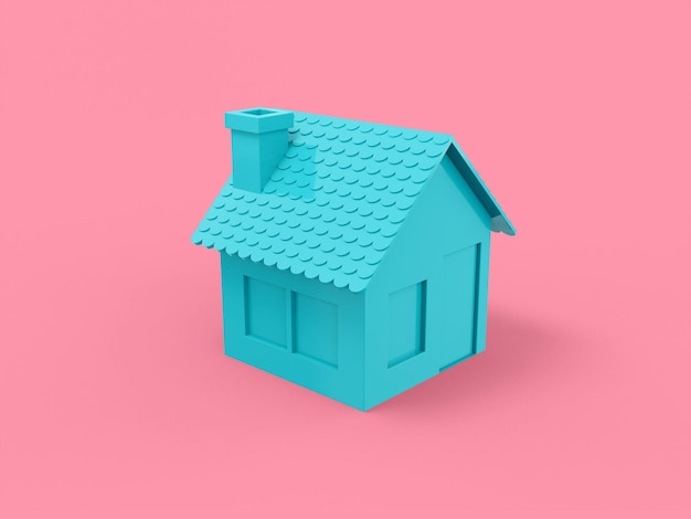 분홍색 단색 배경에 파란색 단색 집 최소한의 디자인 개체 3d 렌더링 아이콘 ui ux 인터페이스 요소
