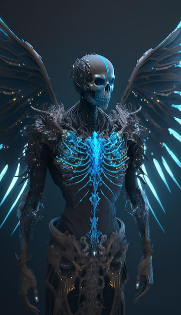 A blue skeleton with wings and a black skull with a blue glow.