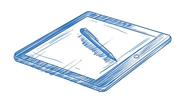 Photo blue sketch of a graphics tablet with a stylus the tablet is at a slight angle and the stylus is hovering over the screen