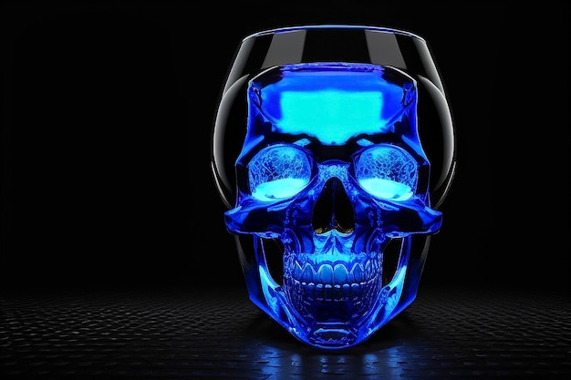 Photo blue skull in a glass beaker on a dark isolated background big halloween skull