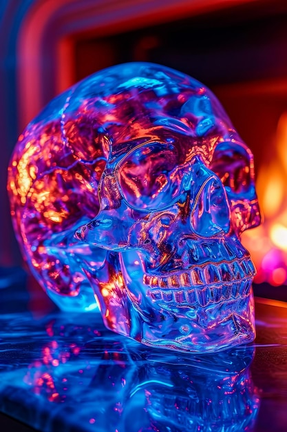 Blue skull is sitting on table in front of fireplace