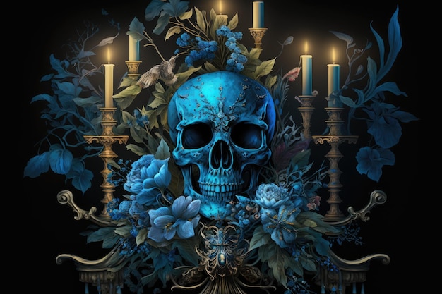 꽃 장식과 촛대가 있는 파란색 두개골 측면 2