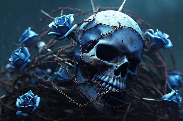 A blue skull surrounded by barbed wire and blue roses generative ai image