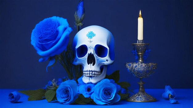 Foto teschio blu con fiori decorati e candelabro ancora accanto