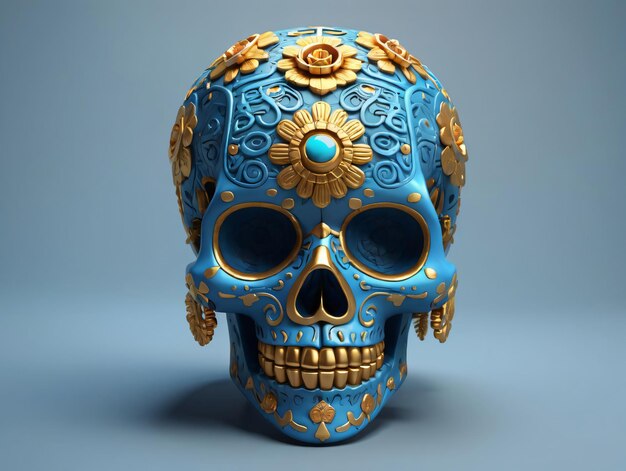 Photo a blue skull with gold decorations on it