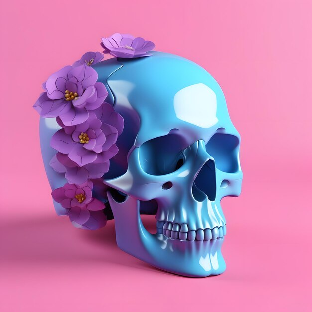 Foto cranio blu con fiori viola su sfondo rosa rendering 3d