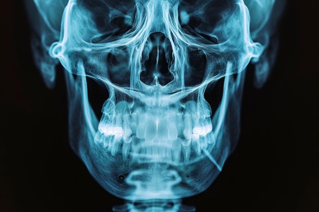 Photo a blue skull with smoke billowing out of it creating an ominous and mysterious atmosphere nasal bones captured in 3d xray film ai generated