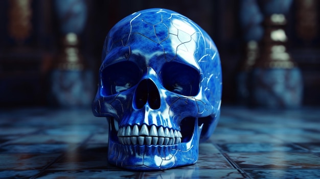 A blue skull with the word skull on it