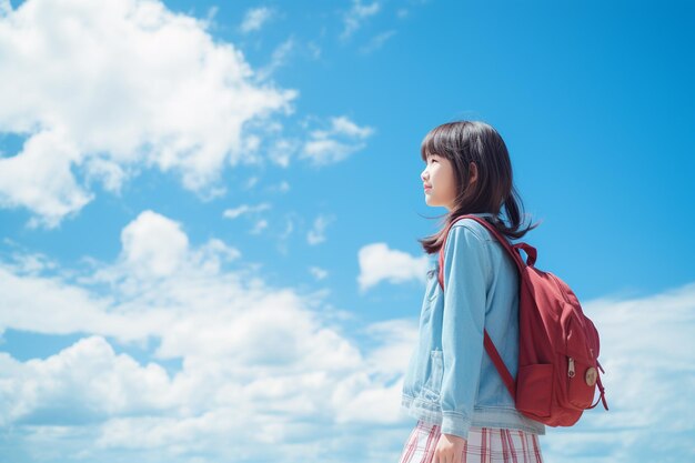 写真 青い空と女の子の後ろの景色