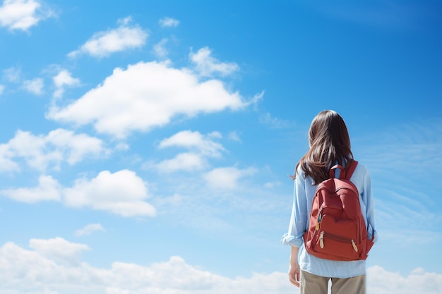 青い空と女の子の後ろの景色