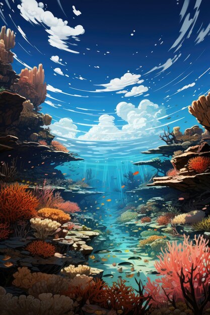 A blue sky background showcasing an underwater coral reef Generative AI