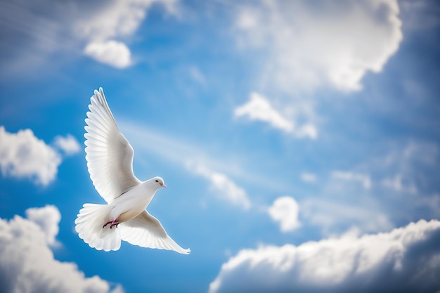 평화의 상징인 비둘기가 있는 푸른 하늘 배경 그림 생성 AI