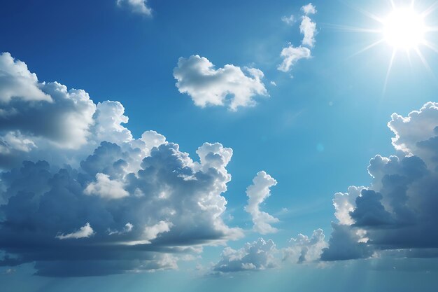 Photo blue sky background with tiny clouds and sun