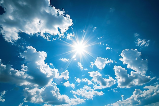 Blue sky background with white clouds and sun beautiful natural background