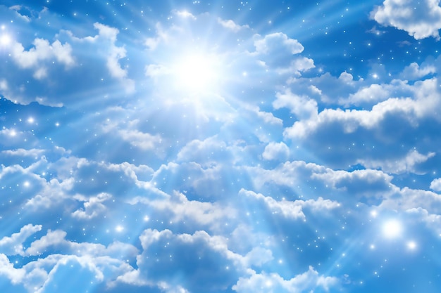 Photo blue sky background with white clouds and sun rays