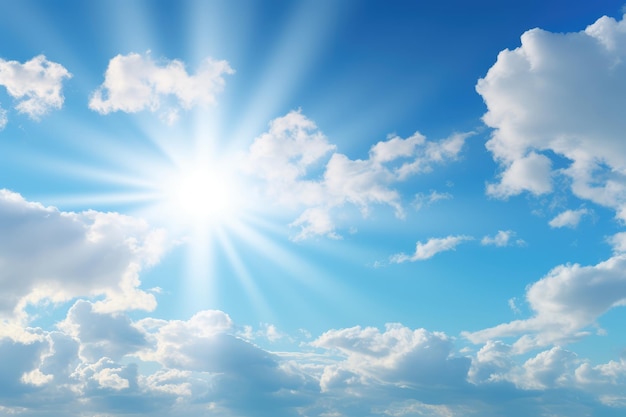 Blue sky background with white clouds and sun