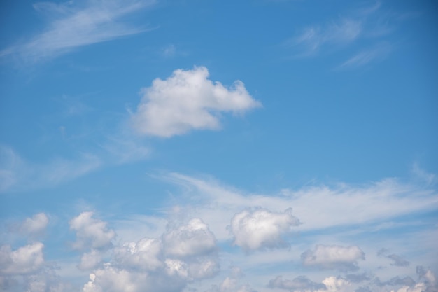 Blue sky background with white fluffy cumulus clouds Panorama of white fluffy clouds in the blue sky Beautiful vast blue sky with amazing scattered cumulus clouds