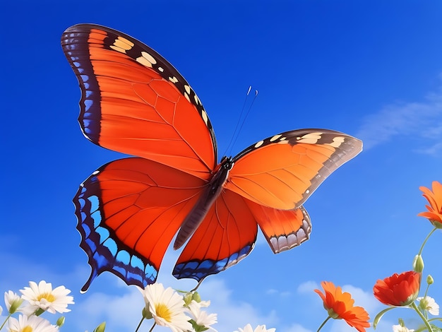 Blue Sky beautiful blue red orange butterfly in flight AI Generated