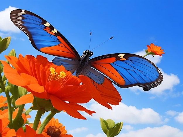 Blue Sky beautiful blue red orange butterfly in flight AI Generated