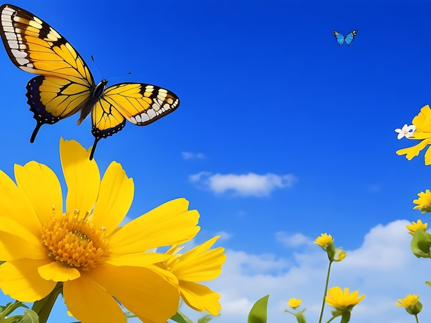 Blue Sky beautiful blue yellow orange butterfly AI Generated Image