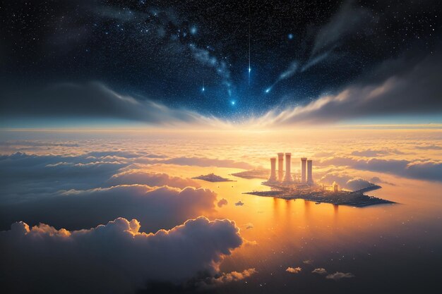 Premium AI Image  Blue sky city white clouds wallpaper background sky full of  stars Milky Way overlooking