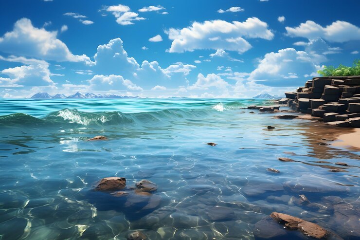 Photo blue sky and clouds across the ocean with gentle waves