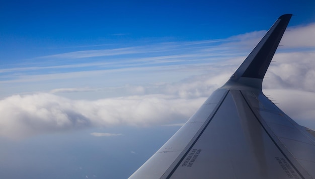 背景用の飛行機の窓からの青い空雲 テキスト パノラマ バナー用の航空写真スペース